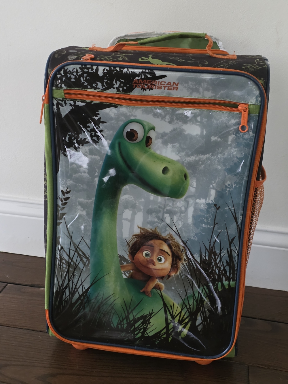 American Tourister Black Kids Bag with Green Dinosaur and Orange Trim